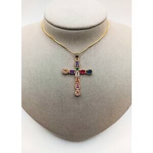 Gold Cross Necklace Multicolor CZ Stainless Steel Adjustable Chain